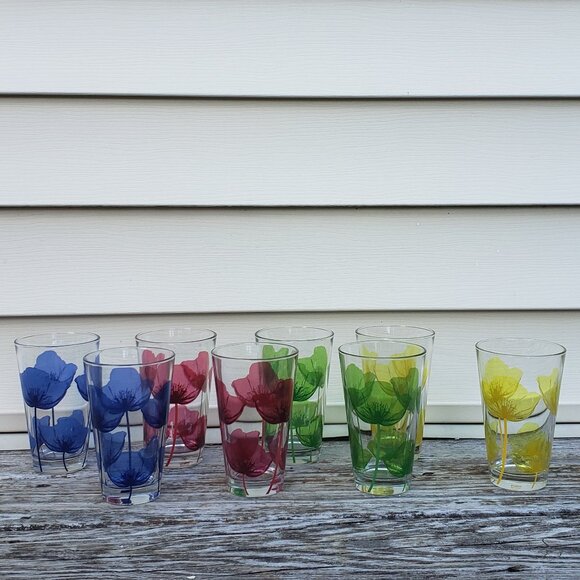 8 Stunning Poppy Flower Cerve Italian Drinking Glasses. - Picture 2 of 5